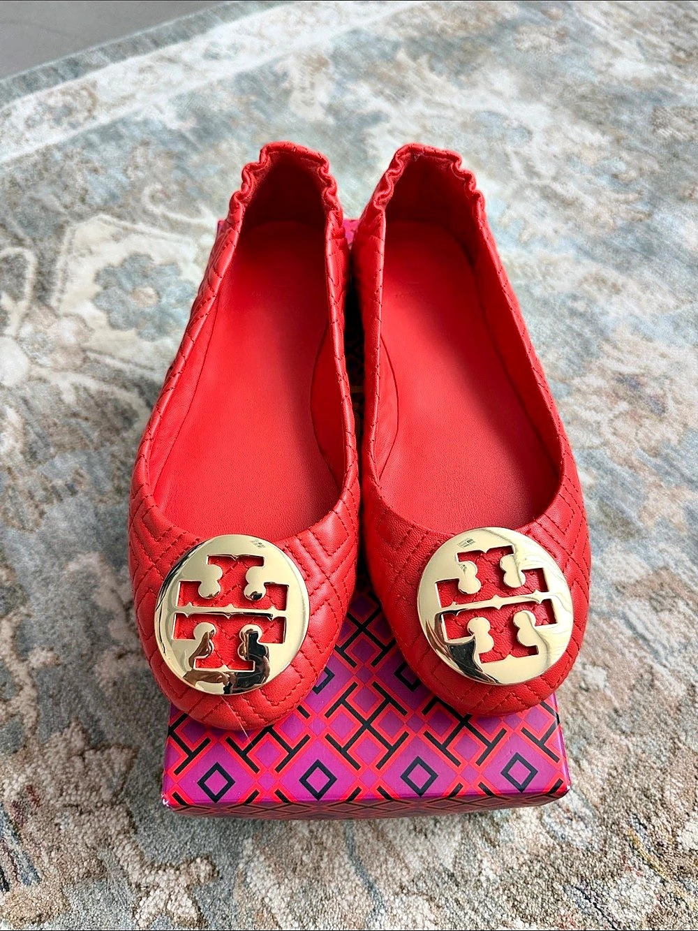 Tory Burch Minnie Quilted Travel Ballet Flat Bright Samba(Orange/Gold  Size 6.5